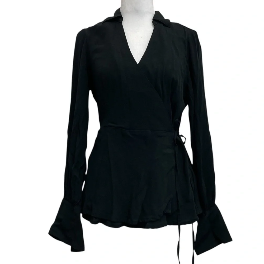 J Crew Black Long Sleeve Wrap Front Crepe Blouse